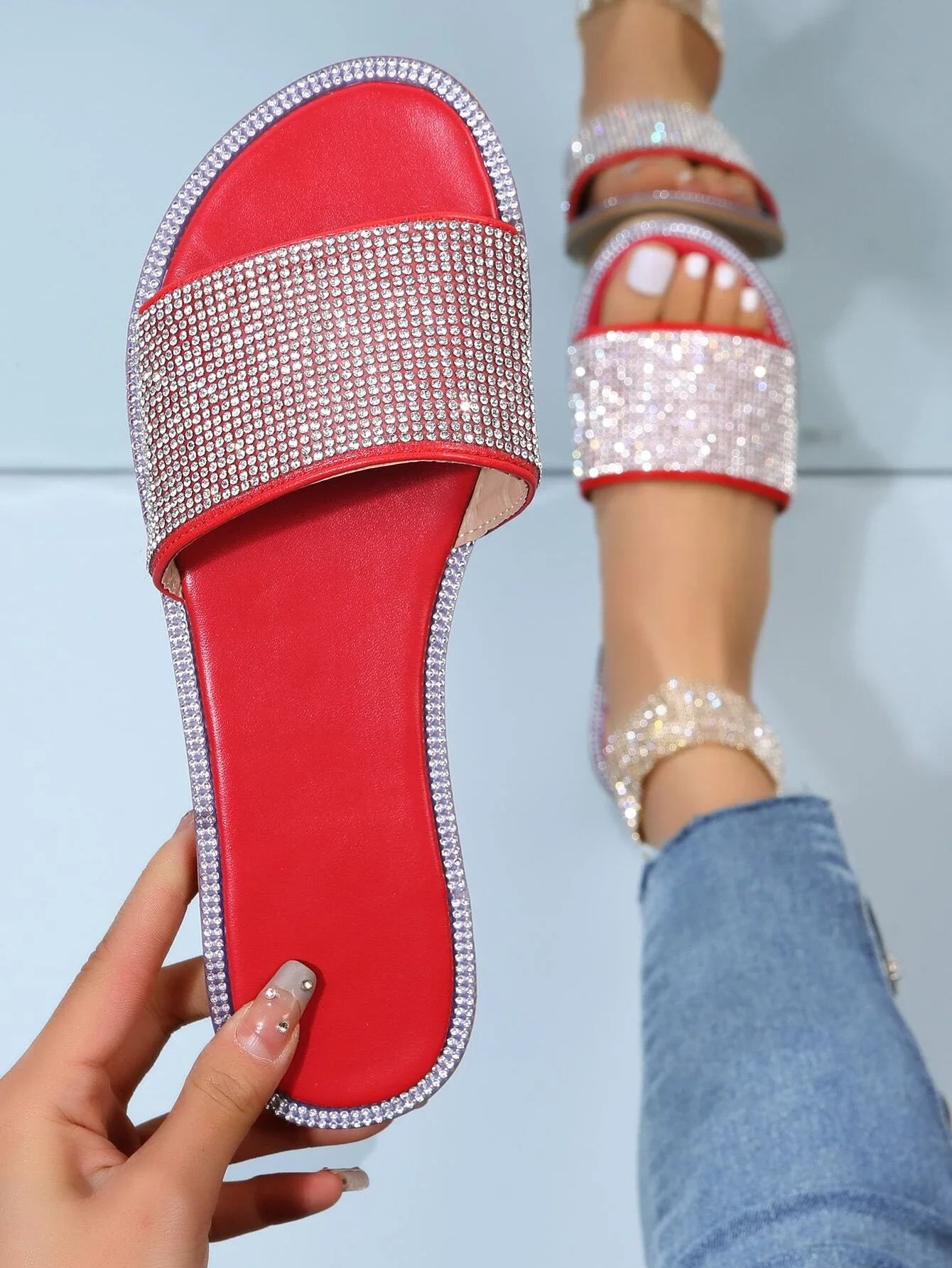 

Rhinestone Decor Slide Sandals
