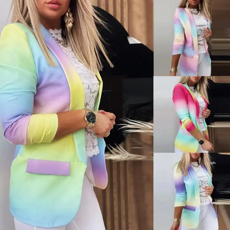 Elegant Color Printing Gradient Color Cutaway Neck Cardigan Autumn Spring Casual Long Sleeve Jacket Office Ladies Suit Jacket