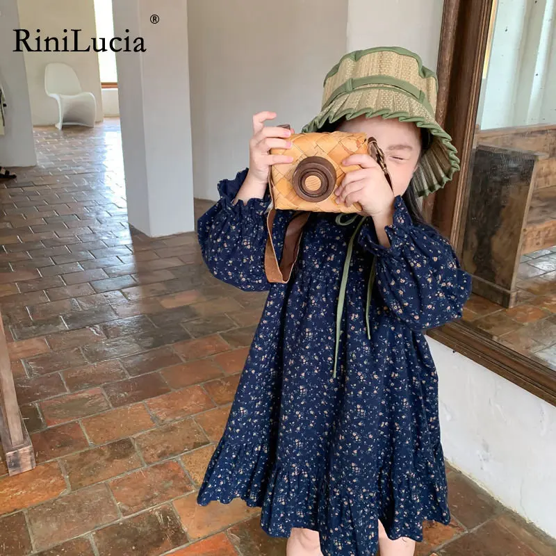 

RiniLucia 2022 Spring Autumn Baby Girls Dress Korean Style Children Floral Clothes Long Sleeve O Neck Dress Kids Casual Dresses