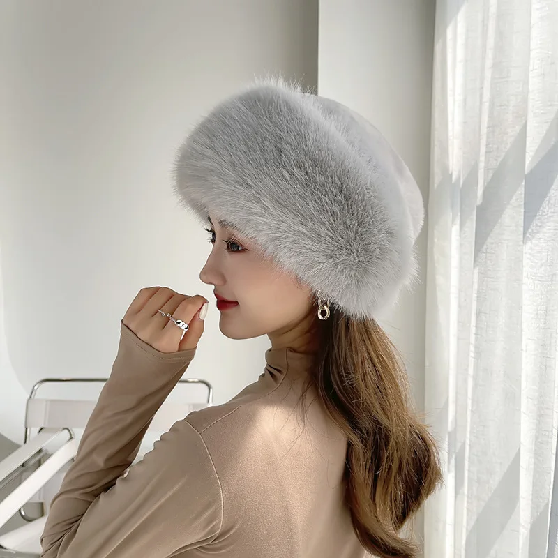 

Winter Hat for Women's Imitation Fur Fox Pullover Hat Outdoor Warm Thick Beret Mongolian Princess Ear Protection Cap