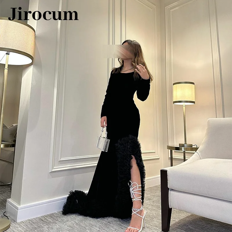 

Jirocum Mermaid O-Neck Evening Gown Women's Slit Long Sleeve Crepe Prom Party Dress Ruffled Swing Tail Formal Occasion Dresses