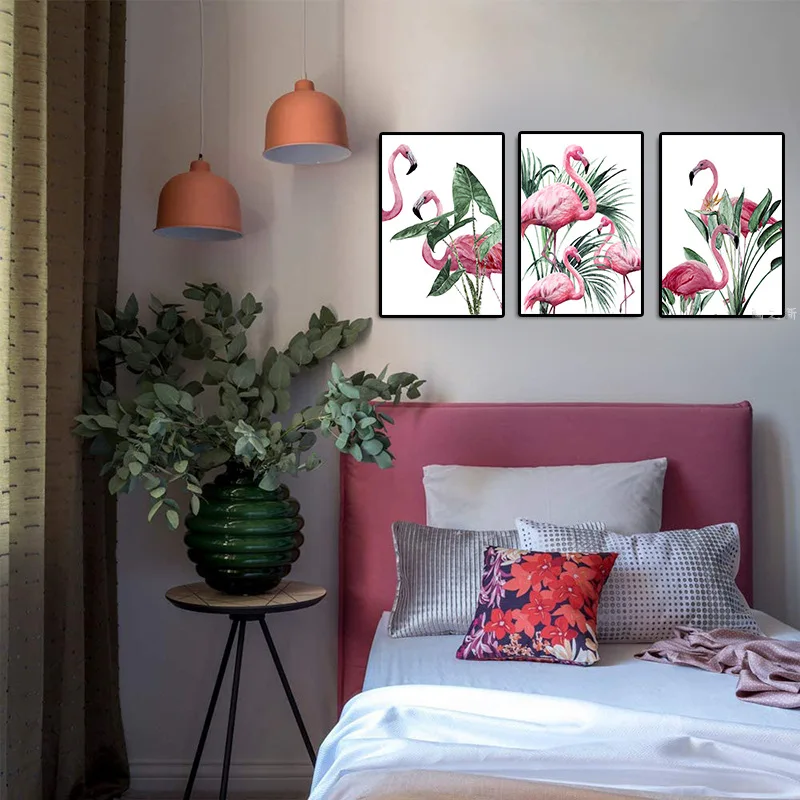 Картина на холсте с изображением розового фламинго растений постер абстрактная