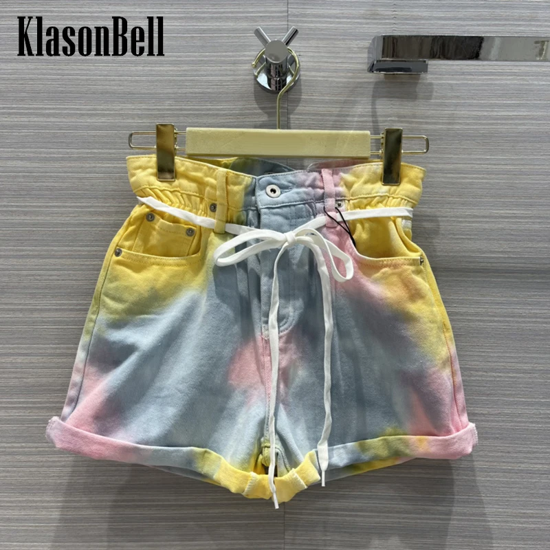 

3.26 KlasonBell Fashion Tie-Dye Letter Print High Waist Denim Shorts Women