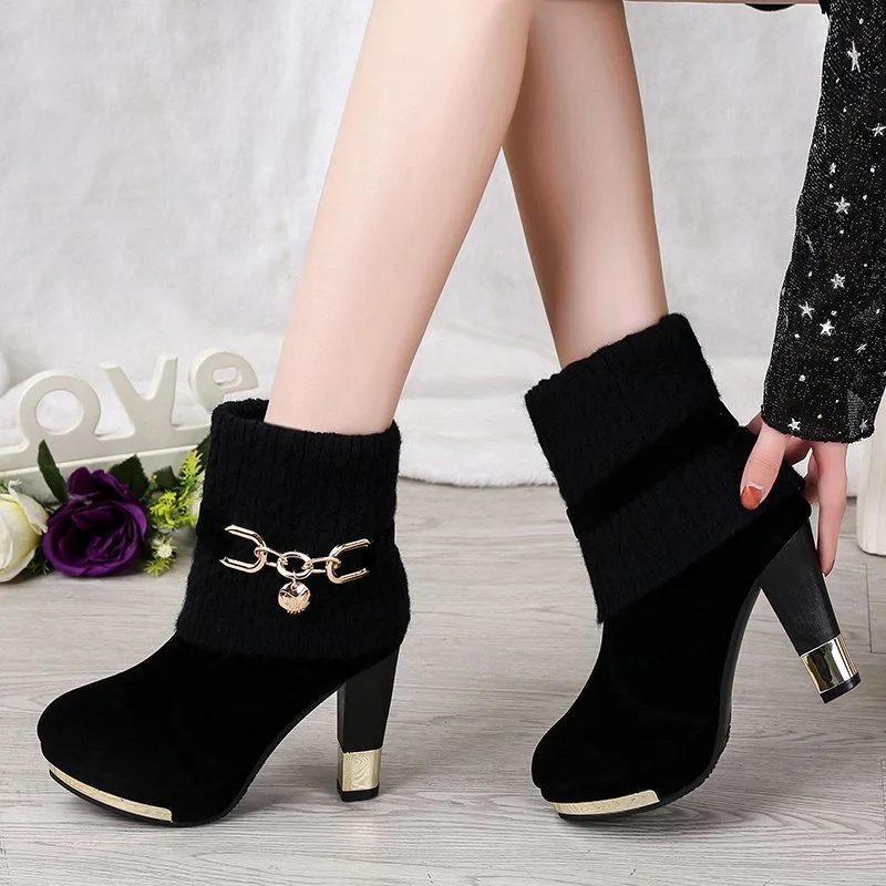 New Woman Shoes High Heels Sexy Black Sock Boots Red Christmas Boots Stretch Fabric Shoes Woman Black Ankle Boots
