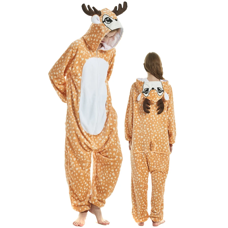 Onesie for Adults Women Cartoon Duck Lion Deer Seal Flannel Animal Pajamas Kigurumi Homewear Halloween Cosplay Party Costumes