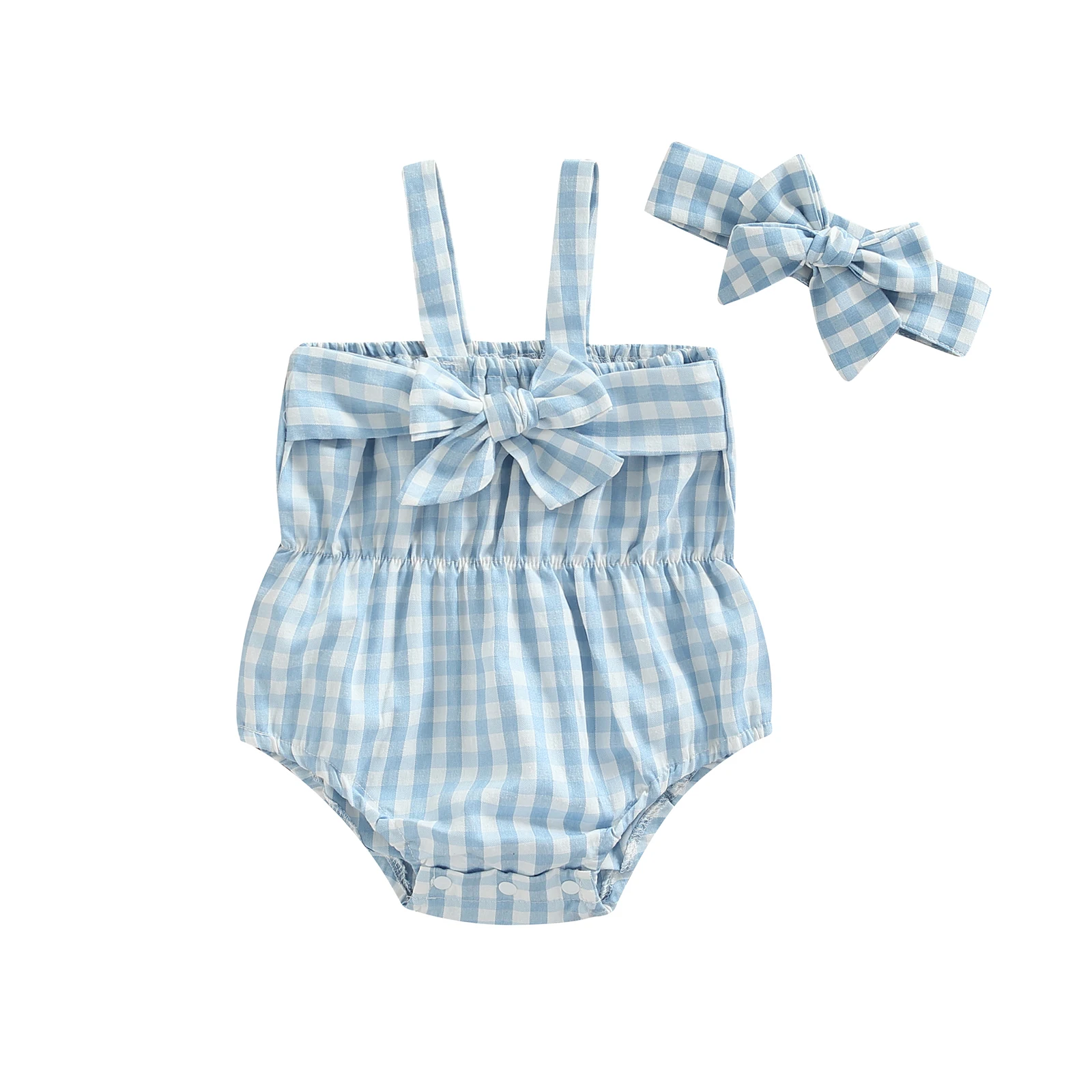 

Infant Girl Sleeveless Romper + Bow Headband, Plaid Print Pleated Decoration Summer Clothing