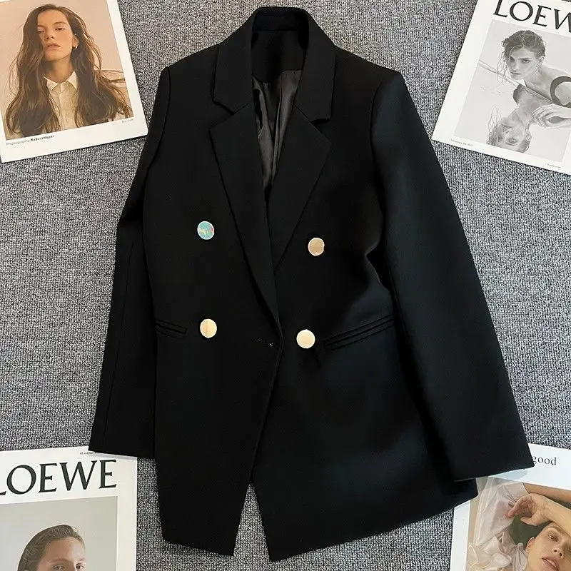 

SuperAen Black Metal Button Suit Coat Spring 2022 New Design Notched Double Breasted Full Blazer Women