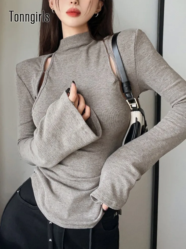 

Винтажная Футболка Tonngirls, женские укороченные топы с длинным рукавом и вырезами, футболки Y2k Reto, уличная одежда, гранж-футболки, черная Fairycore ...