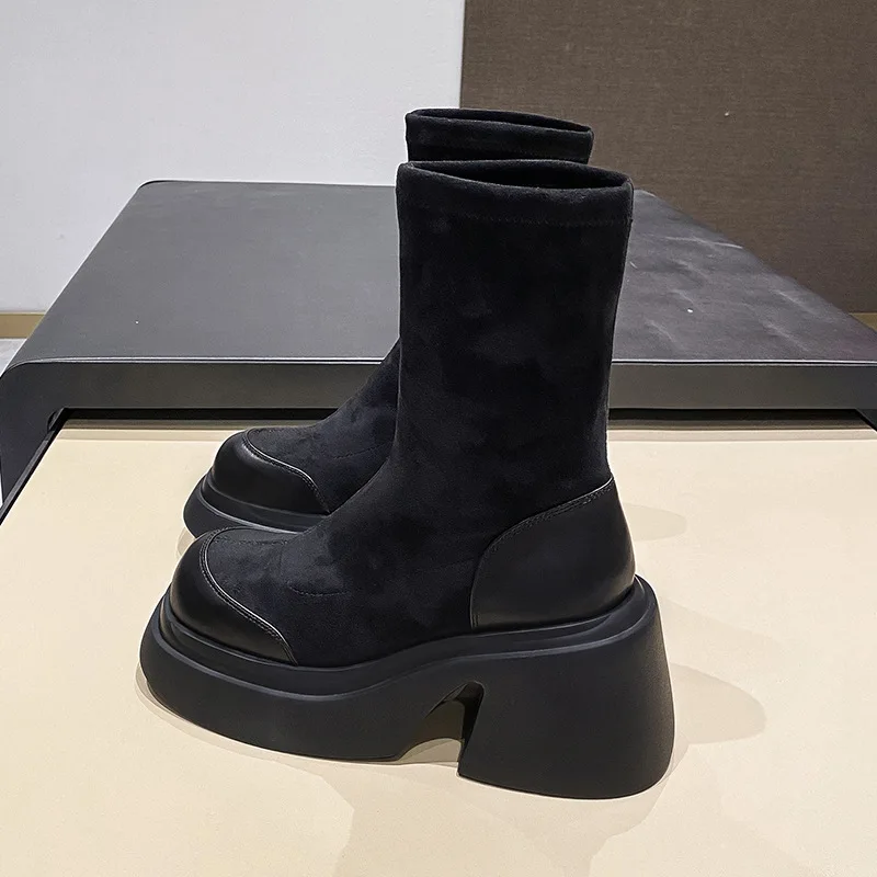 

New Women's Designer Trend Muffin Thick-soled Heel Increase Slimming Elastic Boots High Boots Martin Boots Platform Shoes 02