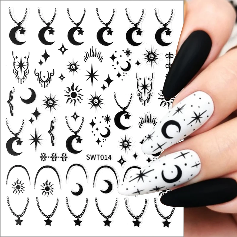 

Black Moon Stars Sun Nail Stickers Silver Holographic Decals Gold Bronzing 3D Geometry Sliders for Nails Art Manicure Decoration