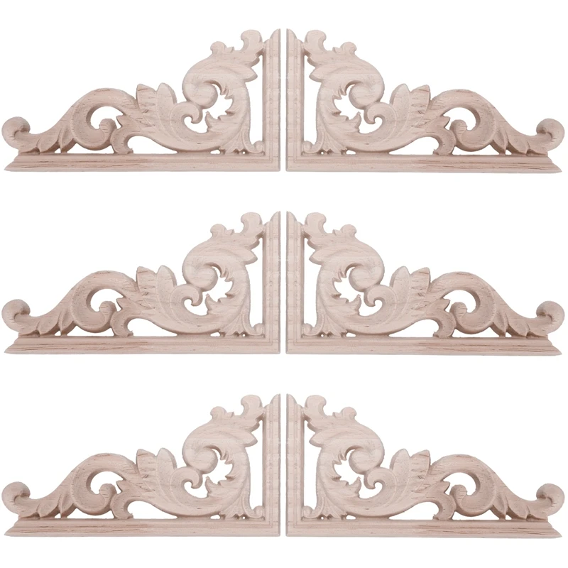 

6Pcs Left+Right(Each 3Pcs) Vintage Wooden Carved Corner Onlay Furniture Wall Decor Unpainted Frame Applique