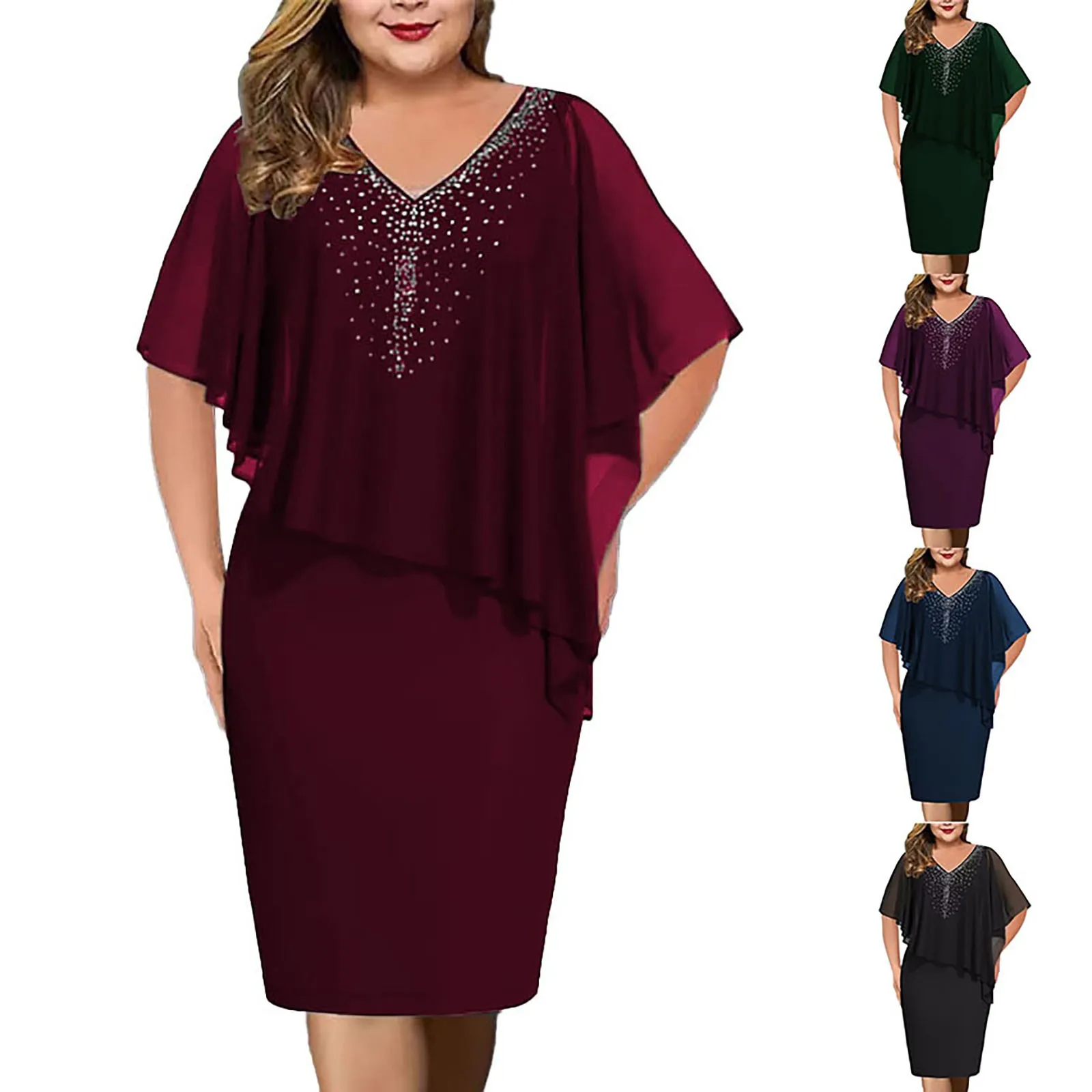 

Plus Size Rhinestone Print Irregular Shawl Dress Fashion Women Bat Sleeve V Neck Party Slim Dress Double Layer Mesh Splice Robes