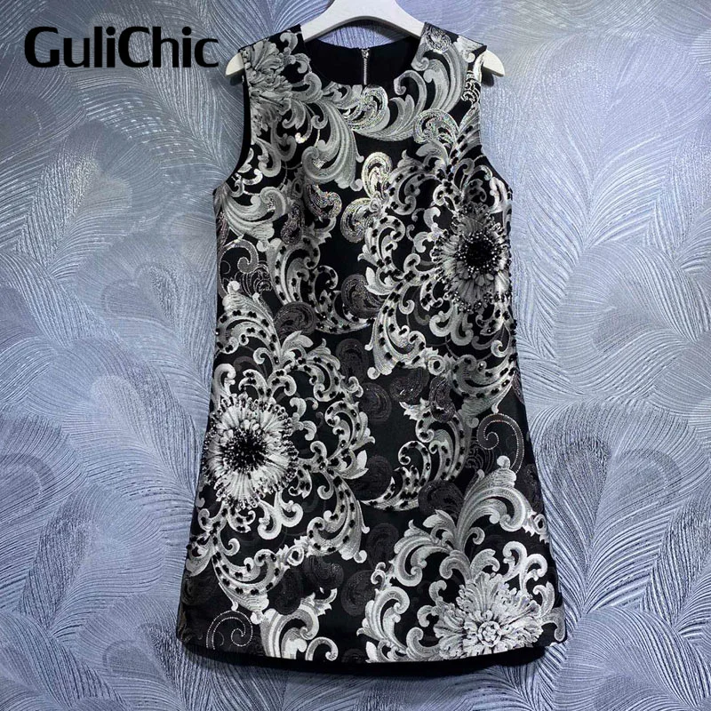 

3.30 GuliChic Fashion Vintage Luxury Beading Jacquard Sleeveless Mini Dress Women