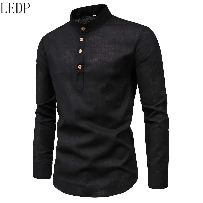 2022 New Shirt Men's Fashion Slim Solid Color Long Sleeve Business Stand Collar Cotton Linen Half Open Men's Shirt