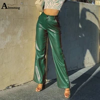 high waist pants womens faux pu leather trouser fashion zipper pockets casual straight leg pantalon female ankle length pants