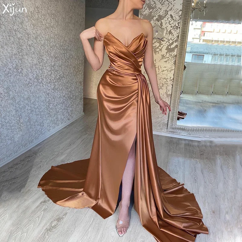 

Xijun Elegant Champagne Mermaid Prom Dresses V Neck Sleeveless Evening Dress Side Split Party Gowns For Women Para Graduación
