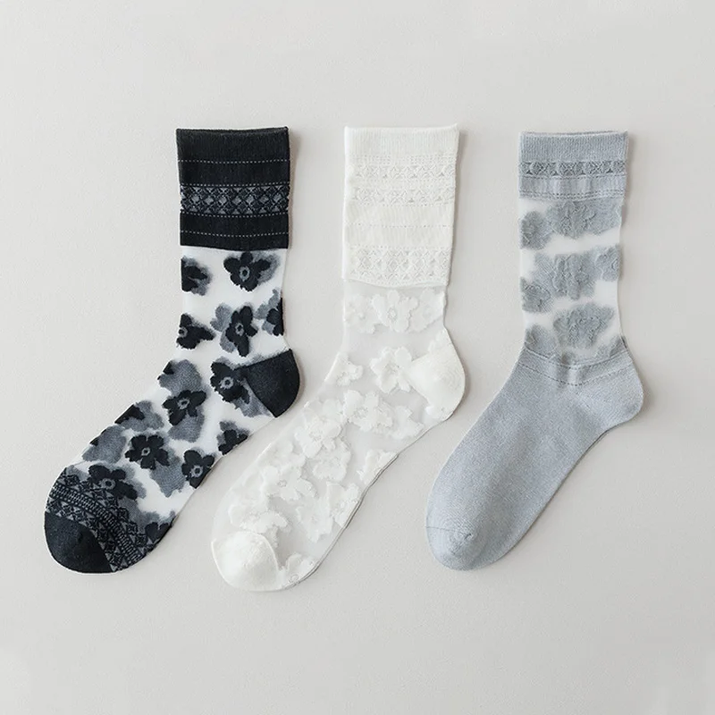

Summer Women's Socks With Breathable And Cool Sleeves, Cute Transparent Lace Silk Crystal Print, Fashionable Lolita Socks