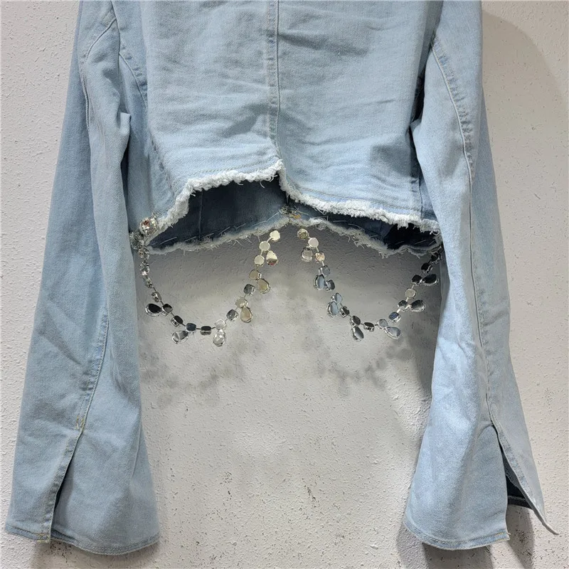 Женский джинсовый Блейзер голубой короткий пиджак с цепочкой кисточками и