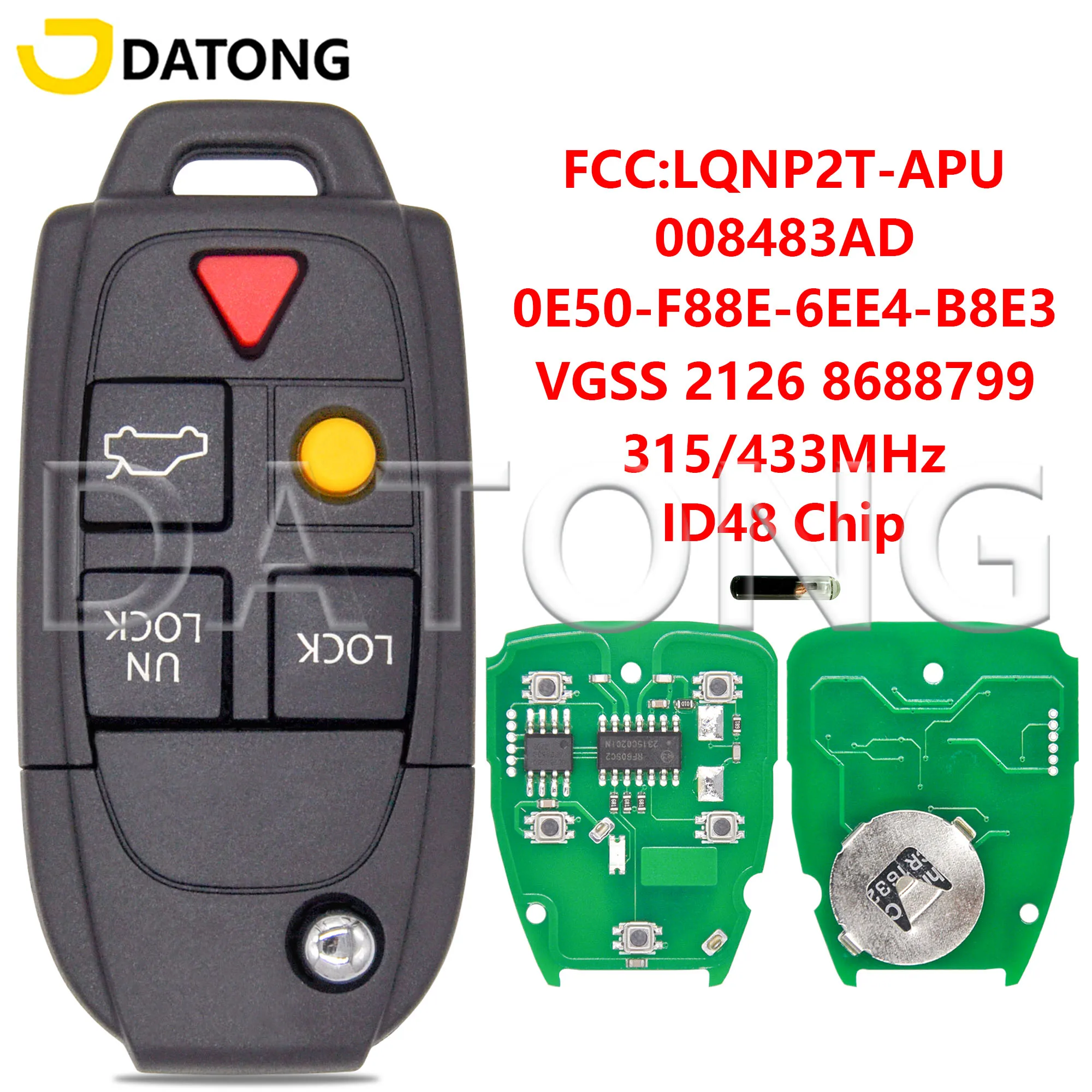 

Автомобильный дистанционный ключ Datong World для Volvo XC70 XC90 S60 S80 V70 2004-2015 ID48 чип 315/433 МГц 8688799 8688800 LQNP2T-APU