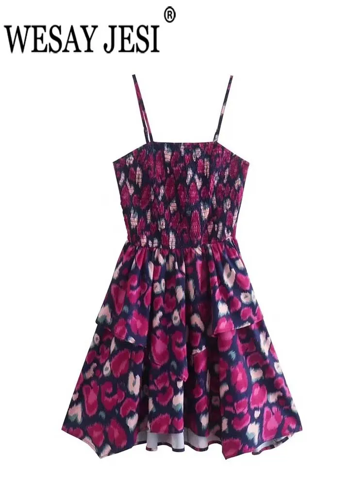 

WESAY JESI Summer Pop Retro Party Elastic Irregular Hem Sexy Temperament Mini Dress Fashion Purple Grape Print Sling Lady Dress