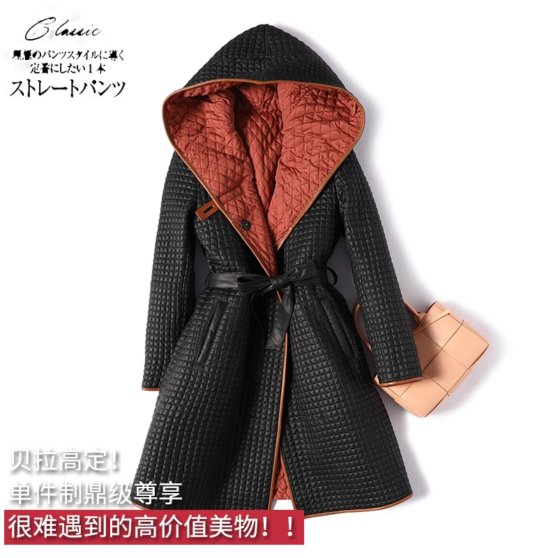 Sheepskin High Fashion Design Coat Women Winter Hooded Adjustable Waist Autumn/Winter High Street Belt Real Leather Jacket Women