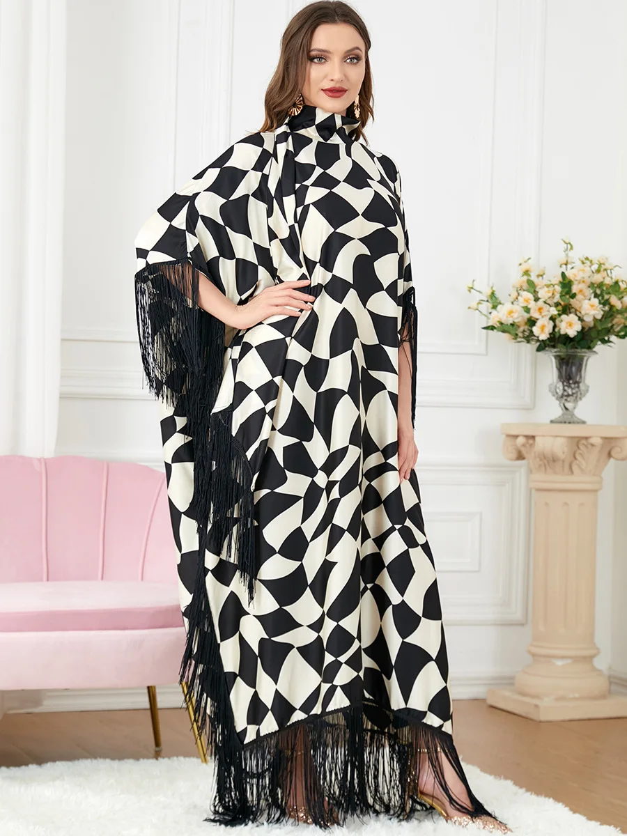 Women's Spring and Summer Prayer Muslim Printed Surgical Gown Turkish Abaya Arab Islamic Women Moroccan Kraftan Bat Sleeve Dress