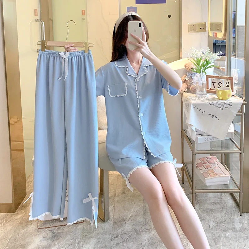 Fdfklak 100% Cotton Spring And Summer New 3Pcs Women's Pajamas Set Fashion Sleepewear Suit Lady Leisure Loungewear