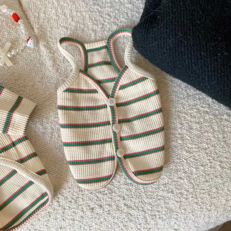 

Полосатые подтяжки для домашних питомцев, корейский костюм для маленьких собак на весну и лето, одежда для собак