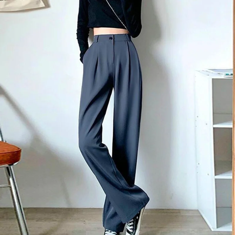 Europe And America Women Solid Color Wide Leg Pants Loose High Waist Casual Trousers Female Korean Style Office Straight Pants