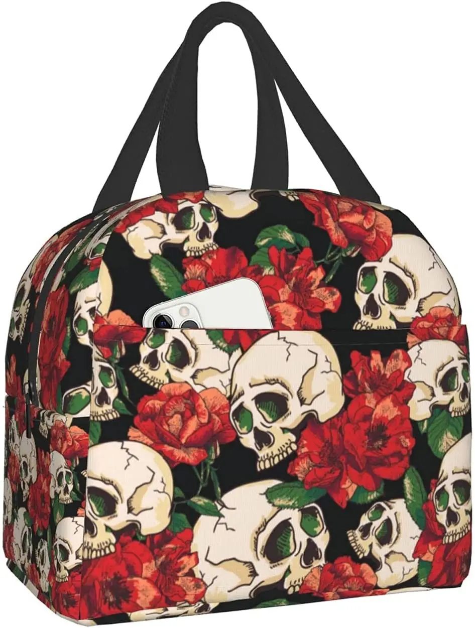

Halloween Skull floral lunch Bag Insulated Cooler Tote Bags Box Reusable Meal Container for Women Office Picnic Work Beach