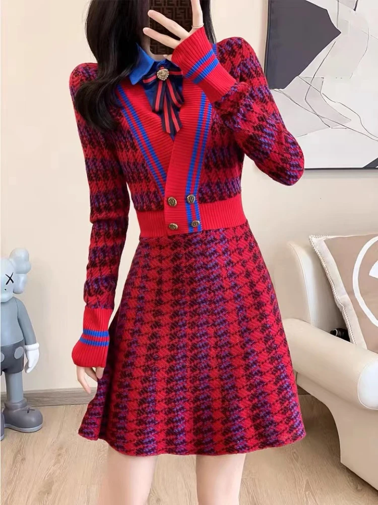 

AIVE* Women Fake Two Piece Bow Knit Dress Casual Red Bird Lattice Patchwork Elegant Preppy Dresses Autumn Winter Mini Vestidos