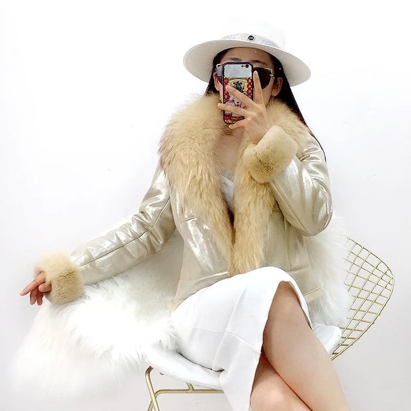 Natural Real Rabbit Fur Coat Jacket with Raccoon Fur Collar Waistcoat 2022 New Winter Female Fur Parka Trench
