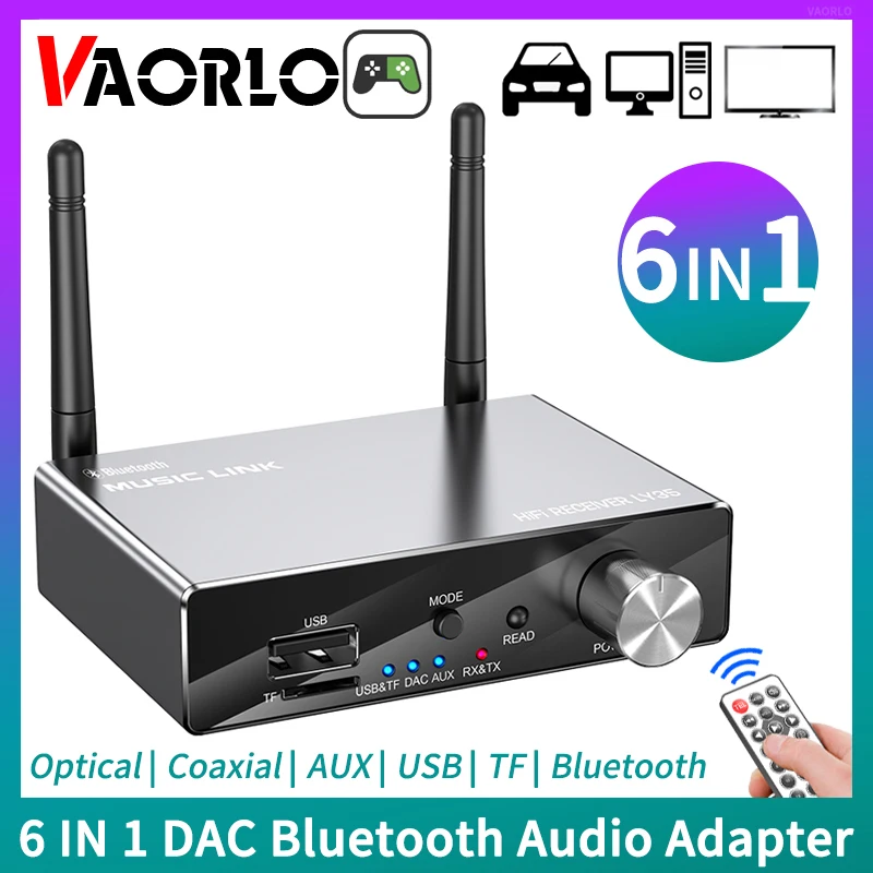 6 IN 1 DAC Bluetooth 5.3 Receiver Transmitter Optical Coaxial AUX RCA USB TF Wireless Audio Adapter Digital to Analog Converter