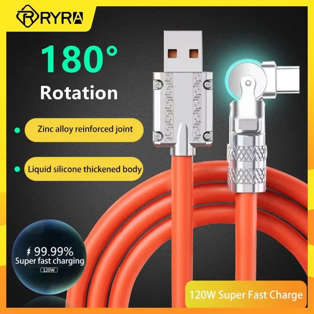 

RYRA 120W 6A 180° Rotating Super Fast Charge Cable Mobile Game Type-C Charger Liquid Silicone Cable For IPhone Huawei 1.5m