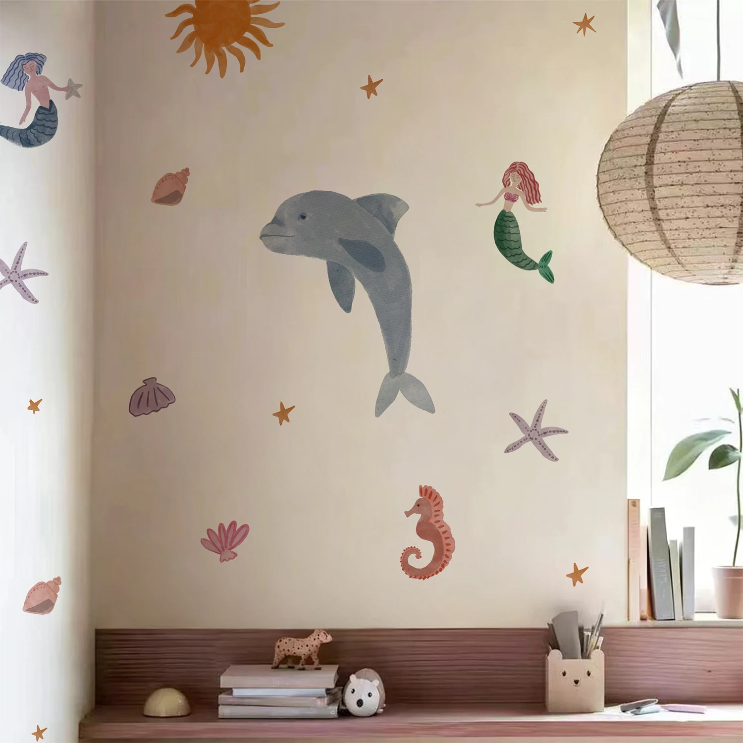 Фото Большой акварельный дельфин ‌   Наклейки на стену DIY: Прочные наклейки с морскими животными, морскими звездами и русалками для декора детской комнаты №1