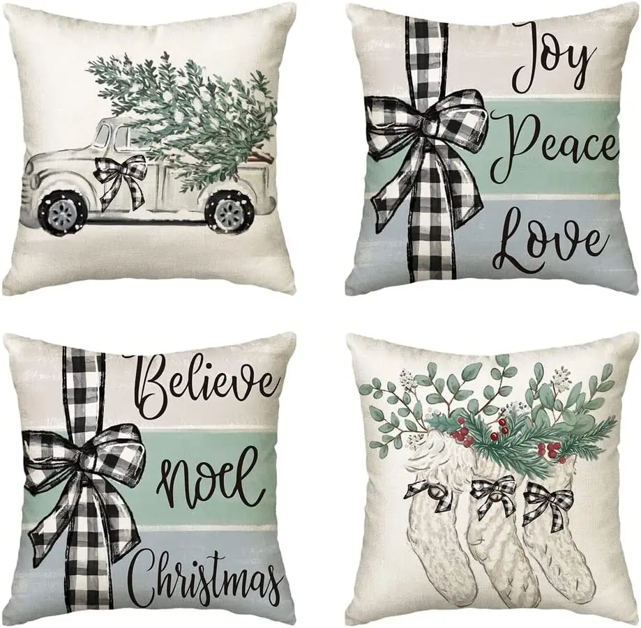 

Christmas Tree Truck Stocking Eucalyptus Buffalo Plaid Throw Pillow Covers, 18 x 18 Inch Winter Joy Holiday Cushion Case