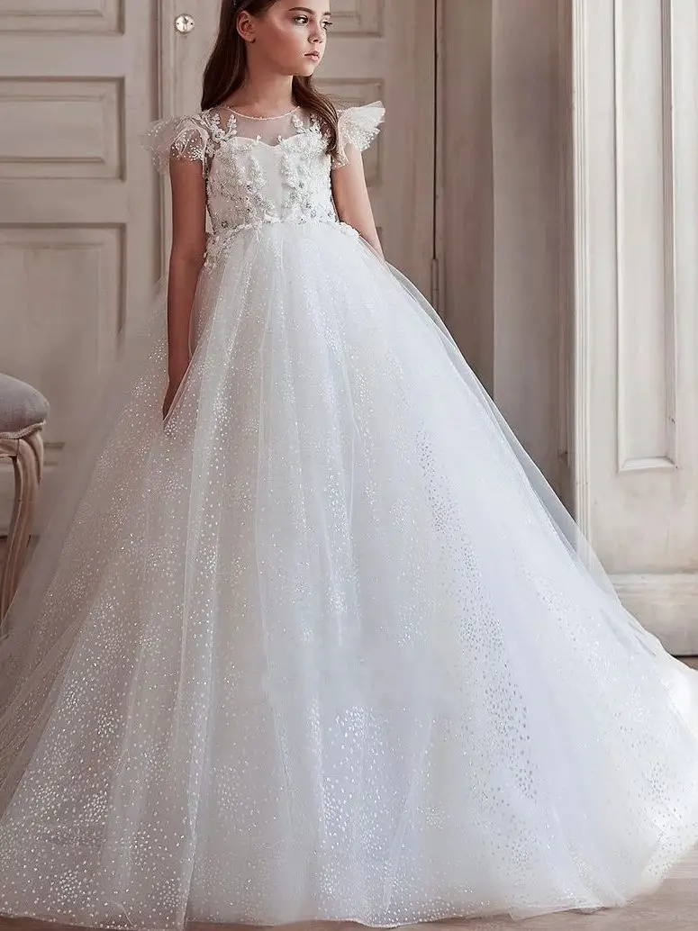 

New Flower Girl Dress Glitter Tulle Appliques Children Wedding Party Gown First Communion Dress Comunion Komunia