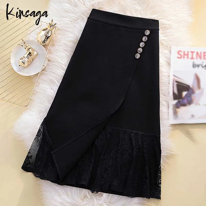 

Elegant Irregular Ruffles Lace Patchwork Black Midi Skirts Women Korean Fashion High Waist Button Bodycon Office Elastic Skirts