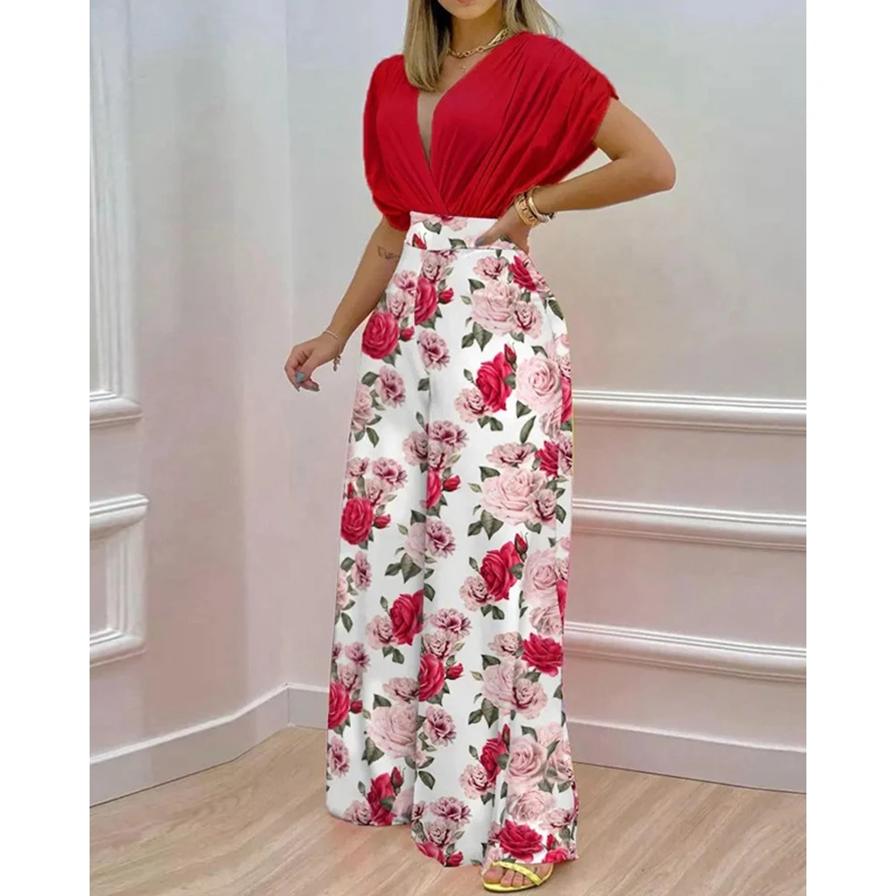 2023 Casual Women Floral Print Crop Top & High Waist Wide Leg Pants Set Summer Femme Two Pieces Suit Set Outfits Korean Style