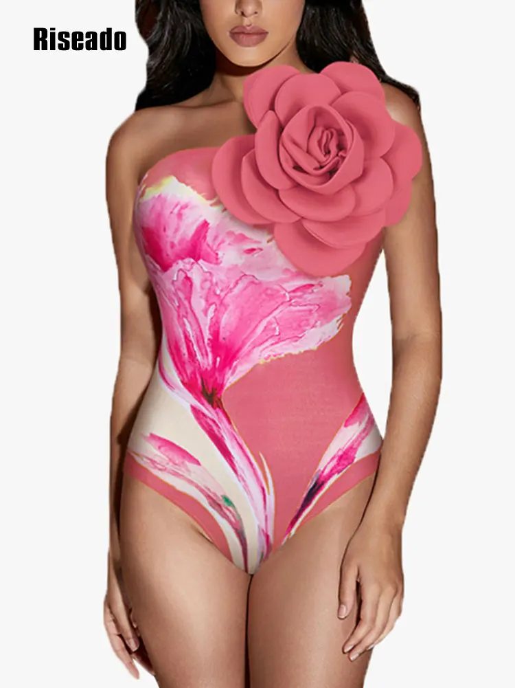 

Riseado/Новинка 2024 года; Купальник на одно плечо с оборками и цветочным принтом; Сексуальный купальник для девочек; Летняя пляжная одежда; Боди; Монокини