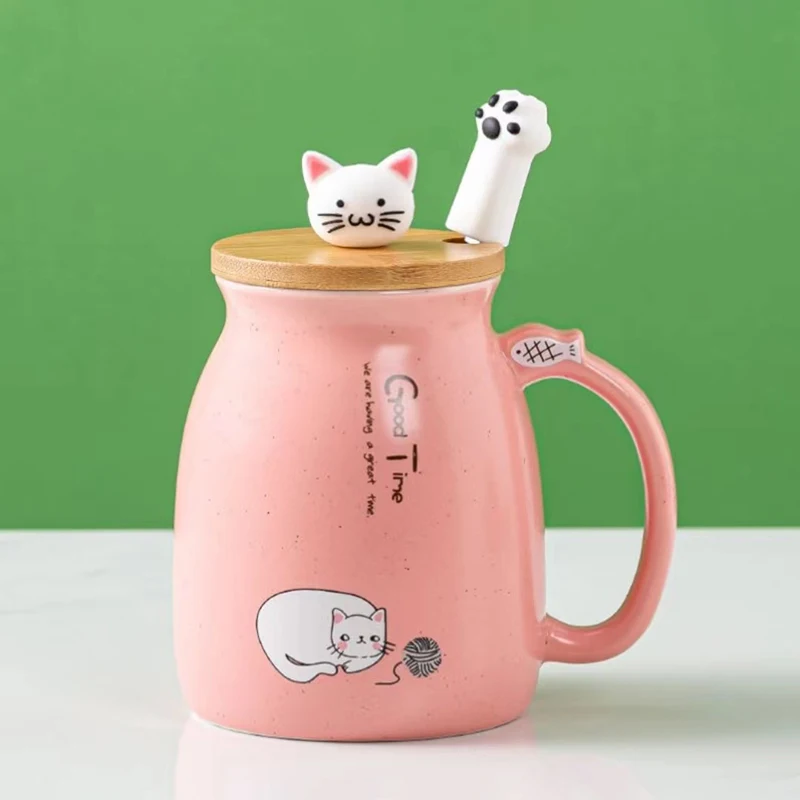 Creative Color Cat Heat-resistant Mug Cartoon with Lid 450ml Cup Kitten Coffee Ceramic Mugs Children Office Drinkware Gift |