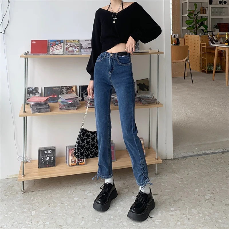 N2038   Nine points straight jeans new high waist slim design niche cigarette pants women's jeans