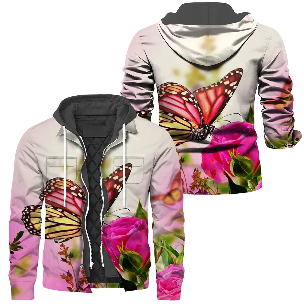 

Утепленные Пальто HXCotton, толстовки с капюшоном на молнии с цветочным рисунком розы, бабочки и карманами, мужские куртки, женская одежда, Прямая поставка