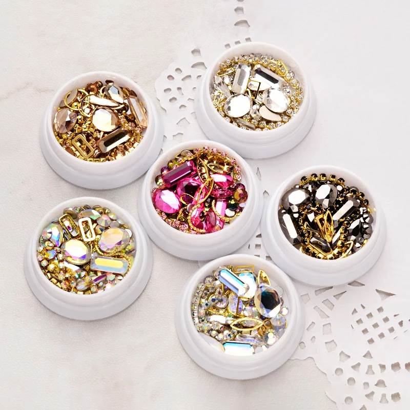 

1Box Alloy Rivet Rhinestones Shiny Jewelry Chain Mixed 3D Nail Art Decoration Delicate Trendy DIY Manicure Accessories Wholesale