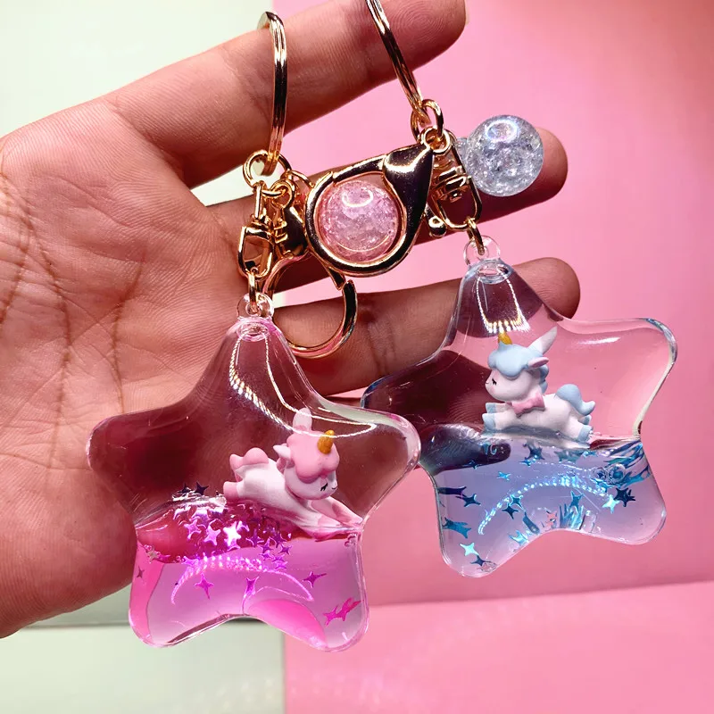 

Charm Acrylic Into The Oil Liquid Quicksand Kawaii Keychain Accessories Pentagram Floating Car Key Chain Ring Bag Pendant YS177