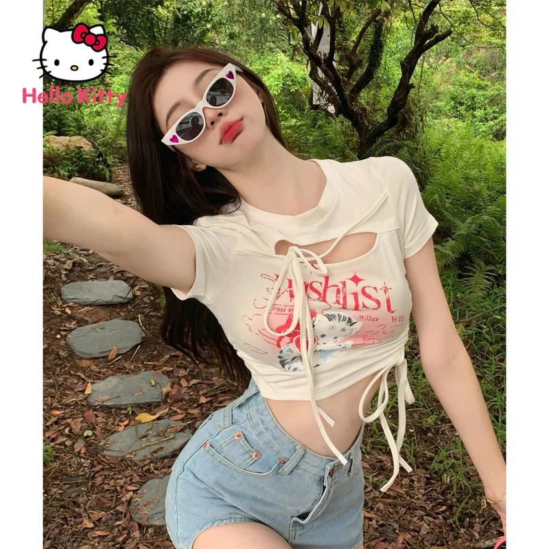 

Hello Kitty Short Top T-shirt Cartoon Print Y2k Slim O Neck Short Sleeve Tank Cutout Tie Street Chic Ladies Top Summer 2022