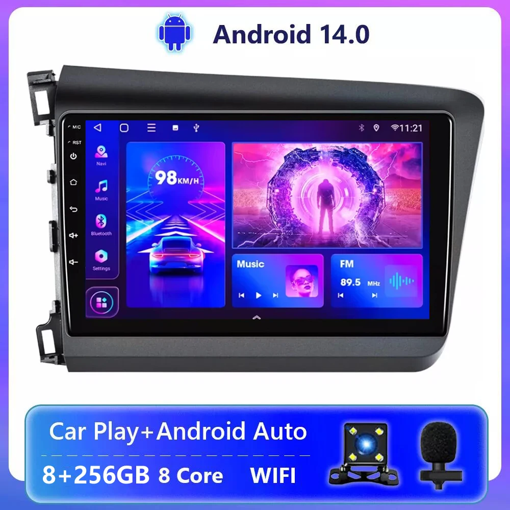 Автомагнитола 2 Din 9 дюймов Android 14 0 для Honda Civic 2012 2013 2014 2015 мультимедийный плеер Carplay