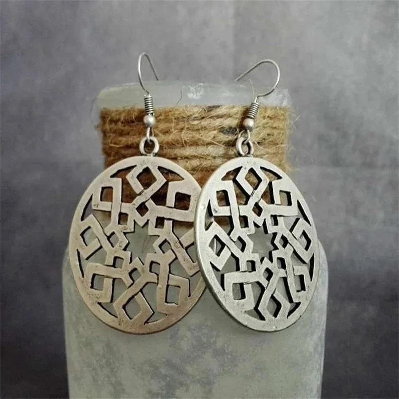 

Ethnic Antique Silver Plated Dangle Round Hollow Drop Hook Earrings Boho Celtic Filigree Earrings Bohemian Jewelry