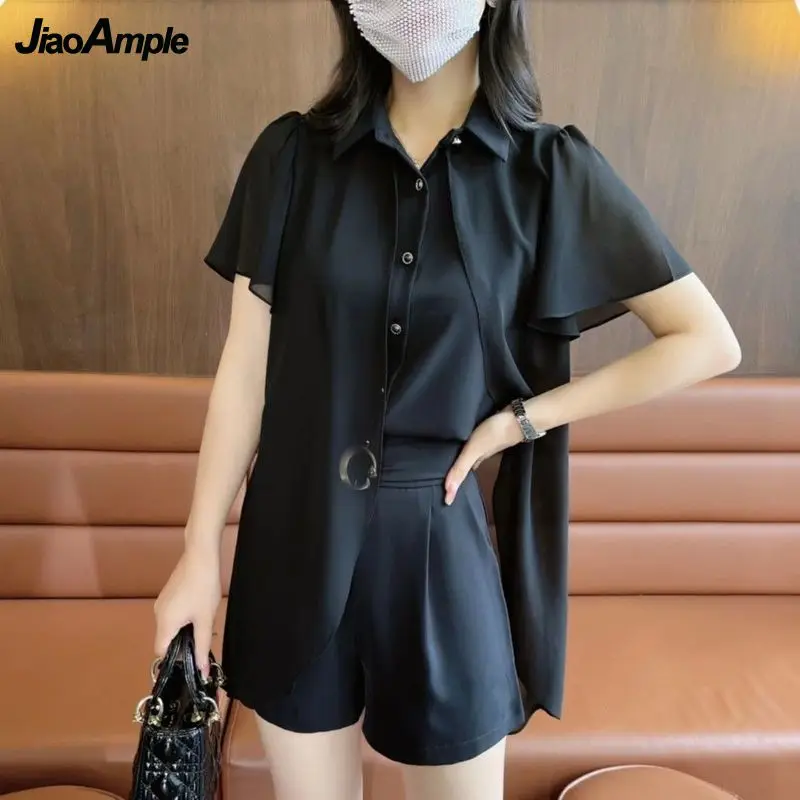

Women's Summer Thin Ruffle Shirt Shorts Two Piece Set Office Lady OL Graceful Polo Collar Black Blouse Short Pants Outfits 2022