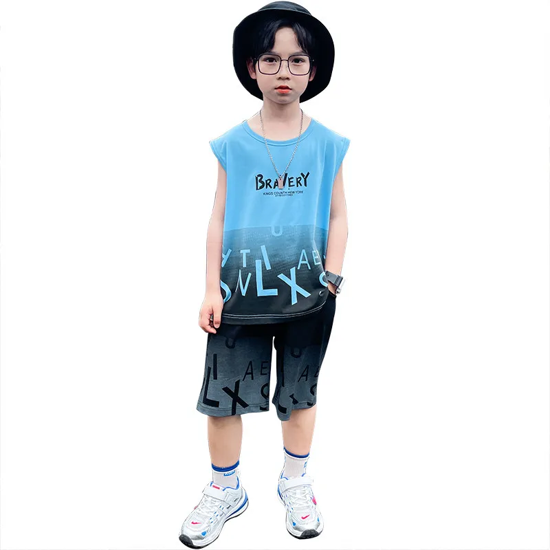 Boys Fashion Clothes Set Trend Kids 2022 New Summer Printing Sleeveless T-shirt And Shorts 2 Pieces Suit Big Children's Outfits